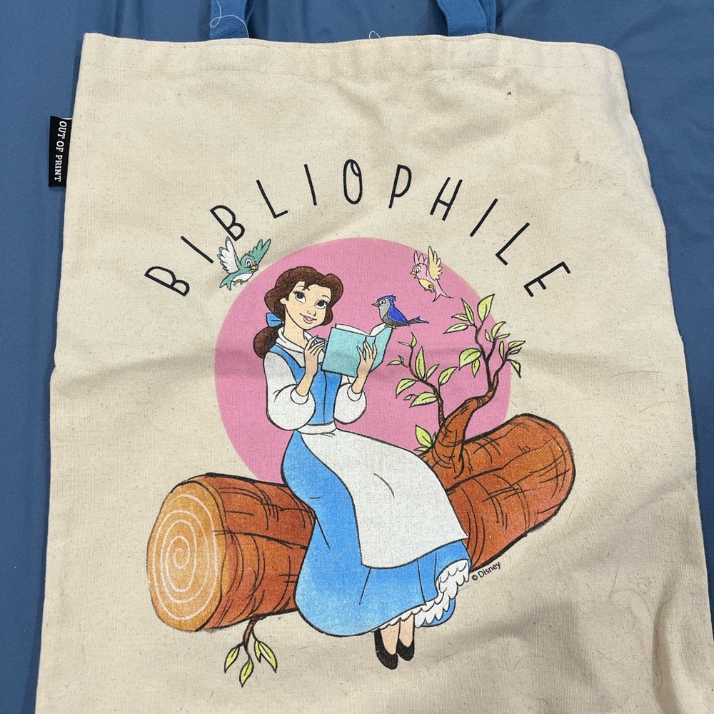 Out of Print Bibliophile “Belle” Tote with Pink and Blue Design